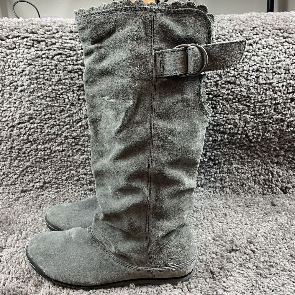 Simple Womens Sz 9.5 Tall Boots Gray Suede Leather Ruffle Winter